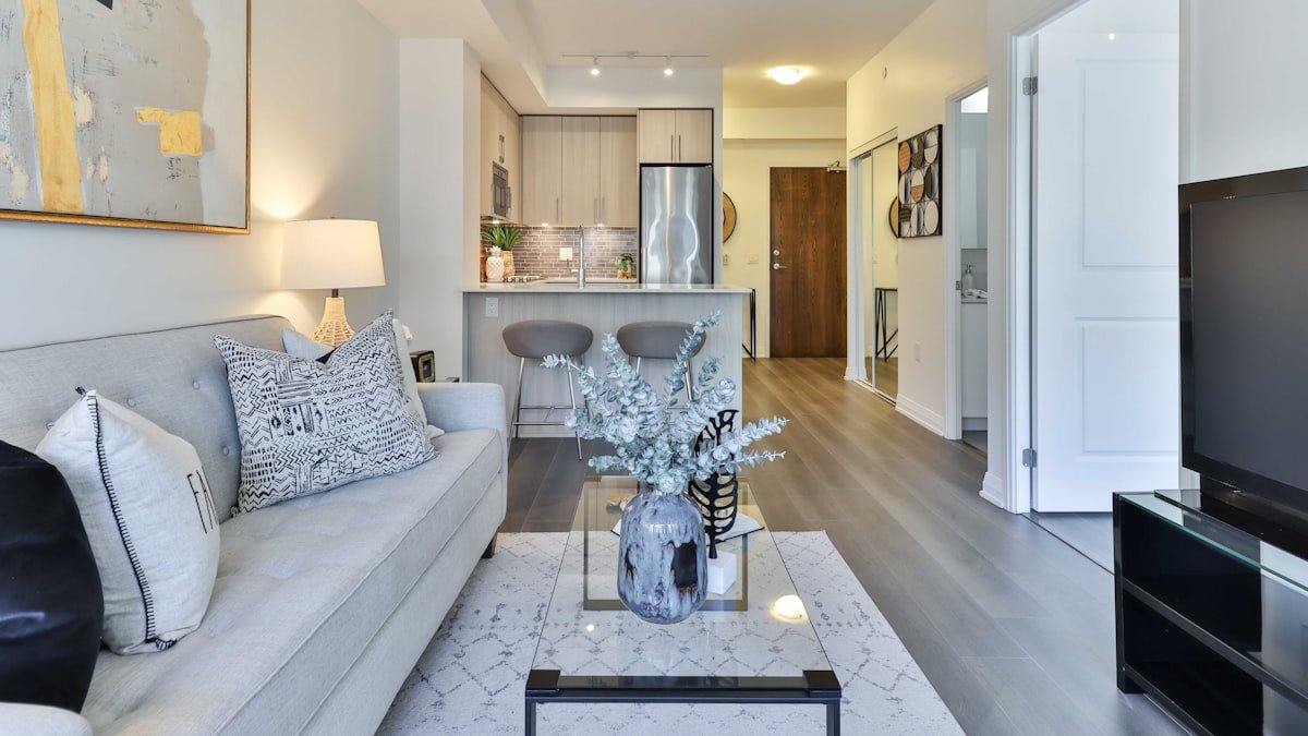 Interior of a managed one bedroom condominium in King West, Toronto, furnished for guests